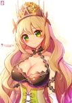  1girl alternate_breast_size artist_logo artist_name bare_shoulders blonde_hair blush breasts butterfly_hair_ornament celine_(fire_emblem) chinchongcha cleavage collarbone criss-cross_halter crown dress fire_emblem fire_emblem_engage green_eyes hair_ornament halterneck highres large_breasts long_hair looking_at_viewer overskirt princess simple_background sleeveless sleeveless_dress solo upper_body very_long_hair web_address white_background 