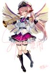  1girl :d ;d absurdres alternate_costume animal_ears artist_name bird_ears bird_wings black_boots boots chinese_commentary collared_shirt commentary_request crescent crescent_pin earrings epaulettes fringe_trim gloves highres holding holding_instrument holding_trumpet hoop_earrings instrument jacket jewelry knee_boots l0e9s29p long_hair long_sleeves looking_at_viewer mystia_lorelei necktie one_eye_closed pink_hair pink_necktie pink_skirt sample_watermark shirt skirt smile solo thigh_strap touhou touhou_mystia's_izakaya trumpet very_long_hair watermark white_gloves white_jacket white_shirt wings yellow_eyes 