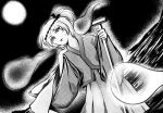  1other androgynous bags_under_eyes commentary cowboy_shot dutch_angle english_commentary enriolhc exhausted eyelashes eyes_visible_through_hair frown fujiwara_no_iyozane full_moon ghost hachimaki hair_ribbon hakama hakama_short_skirt hakama_skirt hand_on_own_shoulder haori headband highres holding holding_oar holding_unworn_clothes holding_unworn_jacket jacket japanese_clothes kimono leaning_back len'en long_sleeves looking_at_viewer moon night oar ocean one_side_up open_mouth other_focus outdoors outline ribbon short_hair short_kimono skirt solo standing teeth unworn_jacket upper_teeth_only white_outline wide_sleeves 