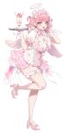  1girl absurdres angel_wings apron blush bow bowtie breasts cleavage cleavage_cutout clothing_cutout commentary dress feathered_wings fishnet_thighhighs fishnets food footwear_bow frilled_apron frilled_dress frilled_thighhighs frills full_body halo heart heart_cutout high_heels highres holding holding_tray kat_(bu-kunn) large_breasts leg_up looking_at_viewer maid maid_apron maid_headdress medium_hair open_mouth original parfait pink_bow pink_bowtie pink_dress pink_hair plaid_clothes plaid_dress puffy_short_sleeves puffy_sleeves ribbon short_sleeves simple_background smile solo standing standing_on_one_leg thighhighs thighs tray two_side_up untranslatable_commentary white_apron white_background white_headdress white_thighhighs white_wings white_wrist_cuffs wings wrist_cuffs yellow_eyes 