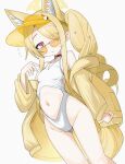  1girl absurdres animal_ears blonde_hair blue_archive commentary fox_ears fox_tail hair_over_one_eye halo highres jacket long_hair long_sidelocks navel one-piece_swimsuit prosciutto_7 seia_(blue_archive) seia_(swimsuit)_(blue_archive) side_ponytail sidelocks sunglasses swimsuit tail white_one-piece_swimsuit yellow_eyes yellow_halo yellow_jacket 