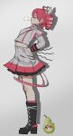  1girl absurdres ahoge black_boots boots closed_eyes closed_mouth commentary dddoodles drill_hair drop_shadow english_commentary food from_side fruit full_body grey_background grey_shirt grey_skirt hair_ribbon hands_on_own_back highres kasane_teto kasane_teto_(sv) long_sleeves medium_hair midriff multicolored_hair pear pearto puff_of_air red_eyes red_hair ribbon shirt simple_background skirt smile standing streaked_hair synthesizer_v twin_drills two-tone_hair utau white_hair white_ribbon white_streaks 