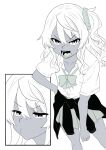  1boy absurdres angry bow bowtie buttons cardigan cardigan_around_waist check_commentary clothes_around_waist collarbone collared_shirt commentary_request crossdressing crossdressing_(mtf) dark-skinned_male dark_skin furrowed_brow hair_ornament hair_scrunchie hand_on_own_hip highres kiyumoto7802 long_hair male_focus miniskirt monochrome original pleated_skirt pout school_uniform scrunchie shirt short_sleeves side_ponytail simple_background skirt trap v-shaped_eyebrows white_background 