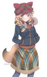  1girl animal_ear_headwear bangs black_jacket blonde_hair blush bow braid closed_mouth fox_girl fox_tail green_bow hair_bow hair_over_shoulder hands_in_pockets hat highres hololive jacket long_hair long_sleeves looking_at_viewer multicolored_hair omaru_polka pants pink_hair plaid_headwear purple_eyes scarf simple_background single_braid smile solo standing star-shaped_pupils star_(symbol) streaked_hair symbol-shaped_pupils tail twitter_username vinhnyu virtual_youtuber winter_clothes 