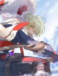  1boy ahoge alyosha_(genshin_impact) animal_ears black_gloves black_jacket black_pants blood blood_on_face blue_sky blush boots brown_boots cape cloud cloudy_sky commentary_request covered_mouth day dutch_angle electro_symbol_(genshin_impact) fake_animal_ears feet_out_of_frame freckles from_behind fur-trimmed_boots fur-trimmed_cape fur_trim gem genshin_impact gloves green_hair gun hair_between_eyes highres holding holding_gun holding_weapon hood hooded_cape jacket long_sleeves looking_at_viewer looking_back male_focus mountain on_one_knee outdoors pants pine_tree pocket purple_gem red_ribbon ribbon rifle short_hair sky sniper_rifle snow snowing solo tanemaki_monaka thigh_strap tree vision_(genshin_impact) weapon white_cape winter yellow_eyes 