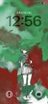  1girl absurdres ai-generated bag closed_mouth collared_shirt commentary_request danganronpa_(series) danganronpa_2:_goodbye_despair green_background green_hair highres io_io kneehighs koizumi_mahiru looking_at_viewer miniskirt necktie pleated_skirt red_background shirt shoes short_hair short_sleeves shoulder_bag skirt socks solo striped_clothes striped_necktie 