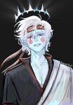  1boy blush coldified collared_shirt crown curtained_hair floating_crown glint grin hair_between_eyes head_tilt headband highres looking_at_viewer luzi_art male_focus minecraft_youtube pectoral_cleavage pectorals red_eyes shirt short_hair smile solo two-tone_shirt white_hair wind wind_lift 