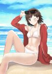 1girl absurdres adjusting_eyewear alternate_costume amagami beach bikini blush breasts brown_eyes brown_hair closed_mouth collarbone commentary_request day eyewear_on_head feet_out_of_frame gyuunyuu_pack_(tanaka) hair_ornament hairclip hand_on_eyewear hand_up highres horizon itou_kanae_(amagami) knee_up long_sleeves looking_at_viewer navel ocean on_ground one_eye_closed outdoors red_track_suit sand shore short_hair side-tie_bikini_bottom sky small_breasts string_bikini sunglasses swimsuit thighs track_suit water wet white_bikini 