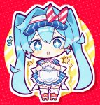  +_+ 1girl :o absurdres apron aqua_eyes aqua_hair blue_dress blush_stickers bow chibi chibi_only commentary dress frilled_apron frills hair_bow hatsune_miku highres looking_at_viewer mesmerizer_(vocaloid) outline own_hands_clasped own_hands_together puffy_short_sleeves puffy_sleeves red_background red_shoes roller_skates shoes short_sleeves skates solo star_(symbol) striped_clothes striped_dress sweatdrop twintails vertical-striped_clothes vertical-striped_dress visor_cap vocaloid white_outline wrist_cuffs ysaster02 