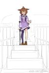  1girl absurdres agnes_tachyon_(umamusume) animal_ears bandages brown_hair chemical_structure commentary_request crutch earrings highres horse_ears horse_girl injury jewelry medium_hair ribbon salute school_uniform seamarmot stairs tracen_school_uniform umamusume 