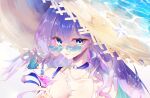  1girl :p artist_name bare_shoulders bikini black_hat blue-tinted_eyewear blue_eyes blue_nails breasts closed_mouth collarbone commentary cup drinking_glass drinking_straw elphe english_commentary gem green_eyes hat heart heart-shaped_eyewear highres honkai:_star_rail honkai_(series) jewelry juice long_hair looking_at_viewer multicolored_eyes nail_polish necklace o-ring o-ring_bikini o-ring_top official_alternate_costume origami_bird_(honkai:_star_rail) pearl purple_hair robin_(honkai:_star_rail) robin_(summeretto)_(honkai:_star_rail) simple_background solo star_(symbol) starfish straw_hat sun_hat swimsuit tinted_eyewear tongue tongue_out two-tone_eyes upper_body very_long_hair water white_background white_bikini 