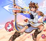  1boy 2019 absurdres aiming arrow_(projectile) blue_eyes bow_(weapon) brown_hair chiton cloud commentary english_commentary heart highres kid_icarus kid_icarus_uprising laurel_crown male_focus pit_(kid_icarus) sandals signature sky smile snoozincopter solo sparkle star_(sky) starry_sky tears v-shaped_eyebrows weapon 