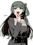  1girl akiha_school_uniform bang_dream! bang_dream!_yumemita blush commentary food fruit fruit_juice green_hair guagua977 hair_bun hair_ornament hairclip hand_on_own_chin highres long_hair long_sleeves looking_at_viewer mouth_hold multicolored_eyes open_mouth school_uniform simple_background single_hair_bun slit_pupils snake solo strawberry twitter_username untranslatable_commentary viola_(bang_dream!) white_background x_hair_ornament 