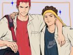  2boys arm_on_shoulder black_eyes closed_mouth earrings jewelry looking_at_viewer male_focus miyagi_ryouta multiple_boys nike pompadour red_shirt sakuragi_hanamichi sappali2 shirt slam_dunk_(series) smile sparkle stud_earrings v-shaped_eyebrows 