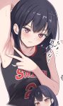  1girl arm_behind_head arm_up armpits azakura_(beniyomogi) bare_shoulders basketball_jersey basketball_uniform black_hair blush commentary_request highres looking_at_viewer original paid_reward_available presenting_own_armpit red_eyes shirt sleeveless sleeveless_shirt sportswear spread_armpit sweatdrop translation_request 