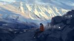  1girl absurdres black_hair black_pants cloud commentary from_side highres hood hoodie kani_etizen03 long_hair mountain original pants red_hoodie scenery sitting sky solo wide_shot 