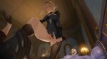  1boy 2girls ? absurdres anger_vein black_pantyhose blonde_hair breasts cleavage genshin_impact highres ia_(ias1010) indoors lumine_(genshin_impact) lumine_(night_hunt_in_snow)_(genshin_impact) medium_breasts medium_hair multiple_girls open_mouth paimon_(genshin_impact) pantyhose pussy pussy_juice solo_focus standing standing_on_one_leg sweat tartaglia_(genshin_impact) thighs uncensored yellow_eyes 