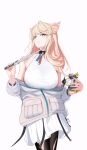  1girl absurdres arknights arknights:_endfield bare_shoulders black_pantyhose blonde_hair blue_eyes breasts closed_mouth commentary corrupted_twitter_file cowboy_shot dress feather_hair halter_dress halterneck head_tilt highres holding holding_wand holding_weapon jacket laddered_pantyhose large_breasts long_hair looking_at_viewer off_shoulder oneline pantyhose partially_open_jacket partially_unzipped perlica_(arknights) short_dress sidelocks sleeveless sleeveless_dress solo standing torn_clothes torn_pantyhose wand weapon white_background white_dress white_jacket wild_wanderer_(arknights) yellow_pupils 