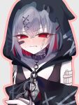  1girl arm_tattoo bandaged_neck bandages bandaid bandaid_on_face bare_shoulders belt_collar black_choker black_dress black_hood black_tank_top blush chest_sarashi choker closed_mouth collar collarbone colored_inner_hair commentary_request crossed_bangs dress gauze_on_arm grey_hair hair_between_eyes hair_ornament highres looking_at_viewer mahou_shoujo_no_majo_saiban multicolored_hair outline red_eyes red_hair sarashi shito_alisa shiwo_(sion_400_08) short_hair simple_background solo stitched_face stitches tank_top tattoo upper_body white_background wince x_hair_ornament 