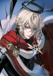  1boy arknights artist_name black_halo black_jacket black_shirt black_wings blonde_hair blue_background blue_eyes cable cape cloak closed_mouth commentary_request crossed_bangs dated detached_wings earpiece executor_(arknights) executor_the_ex_foedere_(arknights) expressionless hair_between_eyes halo high_collar highres jacket looking_at_viewer male_focus mechanical_halo mechanical_wings medal messy_hair myluche official_alternate_costume red_cape red_cloak shirt short_hair signature simple_background solo upper_body white_cloak wings 