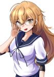  1girl absurdres bandaid bandaid_on_face bespectacled blue_sailor_collar brown_eyes brown_hair commentary_request cowboy_shot elbow_pads glasses highres kantai_collection long_hair oboro_(kancolle) oboro_kai_(kancolle) open_mouth sailor_collar sailor_shirt school_uniform serafuku shirt simple_background smile solo tastas teeth upper_body white_background white_shirt 