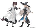  2girls animal_ears apron black_boots black_dress black_hat black_shoes blonde_hair blue_dress blue_ribbon boots breasts brown_hair brown_tail cine_(wazd0183) commentary company_name copyright_notice dog_ears dog_girl dog_tail dress full_body hand_grab hat heterochromia high_heels interlocked_fingers inui_toko lace-up_boots long_hair long_sleeves looking_at_another lower_(vocaloid) machita_chima maid maid_apron medium_hair mob_cap multiple_girls neck_ribbon nijisanji nornis official_alternate_costume official_art open_mouth red_eyes ribbon sample_watermark sash shoes side_slit smile tail two-sided_dress two-sided_fabric virtual_youtuber watermark witch_hat yellow_eyes 