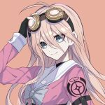  1girl antenna_hair black_gloves bow brown_background commentary_request danganronpa_(series) danganronpa_v3:_killing_harmony fingerless_gloves gloves goggles grey_eyes hair_between_eyes highres iruma_miu jiabingkele long_sleeves looking_at_viewer pink_eyes sailor_collar school_uniform serafuku simple_background smile solo white_sailor_collar 