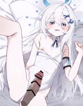  1boy 1girl absurdres anus arm_strap bar_censor blue_archive blue_eyes blue_halo blue_ribbon breasts bright_pupils censored clothes_pull colored_eyelashes commentary covered_navel detached_collar erection green_eyes hair_between_eyes hair_ornament halo highleg highleg_one-piece_swimsuit highres imminent_penetration ka_keo leg_up long_hair long_single_sidelock looking_at_viewer loving_aura lying multicolored_eyes nipples on_back on_bed one-piece_swimsuit one-piece_swimsuit_pull one_breast_out open_mouth orca_hair_ornament paid_reward_available ribbon sayuri_(blue_archive) small_breasts swimsuit wavy_mouth white_eyelashes white_hair white_one-piece_swimsuit x_hair_ornament 