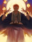  1boy arm_tattoo commentary english_commentary extra_arms facial_tattoo highres japanese_clothes jujutsu_kaisen pink_hair red_eyes ryoumen_sukuna_(jujutsu_kaisen) short_hair skull solo tattoo tomiokamon 