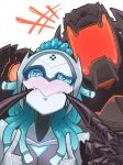  1boy 1girl absurdres armor avengers_(series) blue_eyes danger_(x-men) glowing glowing_eyes hebinalmeog highres humanoid_robot long_hair looking_at_viewer marvel marvel_rivals marvel_tokon:_fighting_souls open_mouth red_eyes robot simple_background smile ultron x-men 