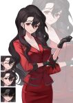  1girl ^_^ absurdres bag black_gloves black_hair breasts cleavage closed_eyes closed_mouth earrings gloves hair_between_eyes handbag highres holding holding_bag jacket jewelry long_hair medium_breasts multiple_expressions necklace original pearl_necklace pencil_skirt red_eyes red_jacket red_skirt rin_(ryne_0303) shaded_face simple_background skirt smile very_long_hair white_background zoom_layer 