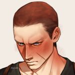  1boy absurdres artist_name blue_eyes blush buzz_cut che_sue00 commentary english_commentary flustered furrowed_brow glaring highres jake_muller looking_at_viewer male_focus portrait resident_evil resident_evil_6 scar scar_on_face serious short_hair solo twitter_username very_short_hair watermark 