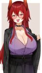  1girl :p absurdres bangs belt black_belt black_choker black_skirt blush breasts choker cleavage collared_shirt dola_(nijisanji) dragon_girl dragon_horns dress_shirt fangs glasses grey_jacket hair_between_eyes highres horns huge_breasts jacket jewelry long_hair long_sleeves looking_at_viewer necklace nijisanji nose_blush open_clothes open_jacket open_mouth purple_nails purple_shirt red_eyes red_hair sash shirt skirt smile solo tongue tongue_out tyoko_tanuki16 unbuttoned unbuttoned_shirt very_long_hair virtual_youtuber 