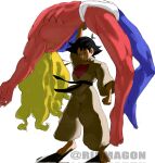  1boy 1girl ass barefoot battle belt black_hair blonde_hair blue_skin choker colored_skin commentary dark-skinned_female dark_skin dougi english_commentary flipped_hair gill_(street_fighter) highres karate_gi lifting_person long_hair makoto_(street_fighter) martial_arts_belt multiple_girls muscular muscular_female red_skin ribbon_choker s0lks9 short_hair size_difference sports_bra street_fighter street_fighter_iii_(series) tomboy 