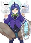  3girls absurdres ahoge aqua_eyes black_boots black_skirt black_sweater_vest blazer blue_hair blue_horns blue_jacket blue_panties blue_shoes blush boots bow bowtie breasts brown_pantyhose censored censored_identity chibi choker clothing_cutout commentary_request dragon_girl dragon_horns dragon_musume_ni_naritakunai! duel_masters duel_masters_play's edomoto_q_mari embarrassed from_below glowing glowing_halo green_bow green_bowtie grey_hair hair_bow halo highres horns jacket kanon_(duel_masters) large_breasts long_hair m_legs mechanical_horns multicolored_hair multiple_girls navel navel_cutout open_mouth panties pantyhose pantyshot paw_pose pouch pvcw5482 q.e.d._(duel_masters) red_choker school_uniform shoes skirt spread_legs squatting sweater_vest thigh_pouch translation_request underwear white_hair 