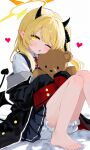  1girl ai-generated barefoot black_horns black_jacket black_ribbon black_tail black_wings blonde_hair blue_archive blush buttons commentary demon_girl demon_horns demon_tail demon_wings halo heart highres horns hugging_doll hugging_object ibuki_(blue_archive) irast1nimu jacket knickers long_hair looking_at_viewer low_wings one_eye_closed open_mouth pointy_ears red_ribbon ribbon shirt side_ponytail simple_background sitting skirt solo stuffed_animal stuffed_toy tail teddy_bear white_background white_shirt wings yellow_eyes yellow_halo 