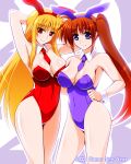  2023 2girls animal_ears arms_behind_head arms_up bangs bare_legs blonde_hair breasts brown_hair chinese_zodiac cleavage closed_mouth collar commentary covered_navel detached_collar english_text engo_(aquawatery) fake_animal_ears fate_testarossa hair_tie hand_on_hip happy_new_year highres large_breasts leotard long_hair lyrical_nanoha mahou_shoujo_lyrical_nanoha_strikers multiple_girls neckerchief necktie new_year outline playboy_bunny purple_eyes purple_leotard purple_necktie rabbit_ears red_eyes red_leotard red_neckerchief side-by-side side_ponytail sidelocks smile strapless strapless_leotard takamachi_nanoha white_collar white_outline wing_collar wrist_cuffs year_of_the_rabbit 