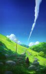  1boy backpack bag blue_sky box brown_coat bush cloud coat commentary cyclecircle day english_commentary facing_away from_behind ginko grass highres landscape long_sleeves male_focus mushishi outdoors pole road scenery shade sky smoke solo standing stone white_hair 