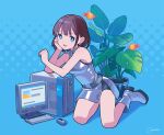  1girl bare_shoulders bike_shorts bike_shorts_under_skirt black_shorts blue_background blue_eyes boots brown_hair computer computer_mouse dress earrings fish flower_pot flying_fish full_body goldfish grey_boots grey_dress highres jewelry kneeling looking_at_viewer monitor monstera_deliciosa open_mouth original otomica shiny_clothes shiny_footwear short_hair shorts signature sleeveless sleeveless_dress solo 