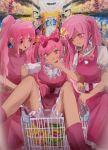  ! !! 3girls :> absurdres blurry blurry_background blush bow chinese_commentary closed_mouth commentary_request dark-skinned_female dark_skin dress hair_bow highres in_shopping_cart indoors laola4869 long_hair looking_at_another multiple_girls mutantheart_(omori) omori parted_bangs parted_lips perfectheart_(omori) pink_bow pink_dress pink_eyes pink_hair polka_dot polka_dot_bow shopping_cart sidelocks smile sweetheart_(omori) twintails 