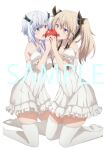  2girls anime_coloring apple artist_request blonde_hair blush breasts choker collarbone commentary_request dress food frilled_dress frills from_side fruit full_body green_eyes grey_hair hair_between_eyes hair_ornament highres holding holding_food holding_fruit kneeling large_breasts long_hair long_sidelocks looking_at_food maou_gakuin_no_futekigousha merchandise_available misha_necron multiple_girls off-shoulder_dress off_shoulder official_alternate_costume official_art open_mouth purple_eyes sample_watermark sasha_necron second-party_source short_hair_with_long_locks siblings sidelocks simple_background sisters teeth thighhighs thighs tongue tongue_out twins twintails upper_teeth_only watermark white_background white_choker white_dress white_thighhighs zettai_ryouiki 