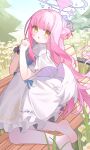  1girl :o absurdres blue_archive blue_halo blunt_bangs blush commentary day dress flower full_body gradient_hair grass hair_bun halo highres kneeling long_hair mika_(blue_archive) multicolored_hair ningmeng_jing_jing_jing_jing no_shoes on_bench open_mouth outdoors own_hands_clasped own_hands_together pantyhose pink_hair pink_halo short_sleeves single_hair_intake single_side_bun soles solo very_long_hair white_dress white_pantyhose yellow_eyes 