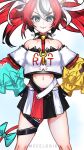  1girl :3 animal_ear_fluff animal_ears artist_name asymmetrical_sleeves black_gloves black_hair black_streaks blue_eyes blush bow bright_pupils cheese choker commentary detached_sleeves dice dice_hair_ornament double-parted_bangs english_commentary food gloves hair_between_eyes hair_ornament hakos_baelz hakos_baelz_(1st_costume) hands_on_own_hips highres hololive hololive_english key looking_at_viewer meldrik midriff mouse_ears mouse_tail multicolored_hair multicolored_skirt navel red_hair skirt spiked_choker spikes streaked_hair tail tail_bow tail_ornament thigh_strap thighs twintails uneven_twintails virtual_youtuber white_background white_hair 