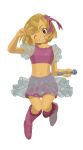  1girl :d ;d blonde_hair boots commentary crop_top english_commentary hair_ornament highres holding holding_microphone idol idol_rena looking_at_viewer microphone midriff nadesasero navel one_eye_closed purple_boots purple_shorts rhythm_tengoku rhythm_tengoku_miracle_stars see-through_clothes see-through_skirt see-through_sleeves short_hair short_sleeves shorts simple_background skirt smile solo star_(symbol) star_hair_ornament v white_background 