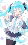  1girl :d ;d bare_shoulders black_boots black_skirt black_sleeves blue_eyes blue_hair blue_necktie blush boots collared_shirt commentary_request cowboy_shot detached_sleeves grey_shirt hair_intakes hand_up hatsune_miku heart highres long_hair long_sleeves looking_at_viewer miniskirt mynkaoi necktie one_eye_closed open_mouth outstretched_arm pleated_skirt shirt simple_background skirt sleeveless sleeveless_shirt smile solo thigh_boots tie_clip twintails very_long_hair vocaloid watermark white_background wide_sleeves zettai_ryouiki 