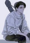  1boy black_hair black_pants closed_mouth commentary_request grey_eyes highres jujutsu_kaisen jujutsu_tech_uniform loveiswhim okkotsu_yuta pants short_hair sitting solo white_background 