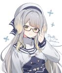  1girl adjusting_eyewear animal_ears beret black-framed_eyewear blonde_hair blue_dress blue_sailor_collar commentary_request dog_ears dog_girl dress glasses gradient_hair green_eyes grey_hair grey_shrug hat highres jewelry knokzm light_blush looking_at_viewer multicolored_eyes multicolored_hair necklace nijisanji sailor_collar semi-rimless_eyewear shioriha_ruri shioriha_ruri_(3rd_costume) shrug_(clothing) simple_background smile solo sweater turtleneck turtleneck_sweater twitter_username upper_body virtual_youtuber white_background yellow_eyes 