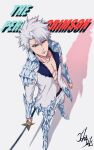  1boy abs bankai bleach bleach:_sennen_kessen-hen blue_eyes clenched_hand commentary_request cryokinesis daiguren_hyourinmaru_(bankai) english_text foreshortening full_body hand_on_blade highres hitsugaya_toushirou hitsugaya_toushirou_(adult) holding holding_sword holding_weapon ice jacket katana looking_at_viewer male_focus messy_hair muscular muscular_male open_clothes open_jacket pants parted_lips partial_commentary shadow shihakusho simple_background solo spiked_hair sword toned toned_male tsurime v-shaped_eyebrows wandenreich_uniform weapon white_background white_hair white_jacket white_pants zanpakutou zipy-zip-zip06 