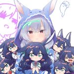  >_< 1boy 2girls :3 :d :o aijou_rentarou alternate_costume alternate_hairstyle animal_ear_hood animal_ears animal_print ankle_socks antenna_hair armband blank_eyes blue_hair blue_hoodie blush blush_stickers bow brown_shoes chibi chibi_inset clone closed_mouth collared_shirt commentary crossed_bangs double-parted_bangs eiai_nano expressionless eyelashes fluffy_hair giving_up_the_ghost green_bow green_eyes green_sweater_vest grey_hair hair_between_eyes hair_bow hair_intakes hair_over_shoulder highres holding holding_mini_person hood hood_up hoodie jitome kimi_no_koto_ga_dai_dai_dai_dai_daisuki_na_100-nin_no_kanojo knees_together_feet_apart long_hair long_sleeves looking_at_viewer low_twintails mini_person minigirl multiple_girls nanraka neck_ribbon ohananomitsu_high_school_uniform parted_bangs rabbit_ears rabbit_girl rabbit_print red_eyes red_ribbon ribbon school_uniform shaded_face shirt shoes side_ahoge sidelocks sitting sitting_on_arm smile socks sweater_vest thick_eyebrows triangle_mouth twintails untranslatable_commentary upwards_triangle_mouth v-shaped_eyebrows very_long_hair wavy_mouth white_background white_shirt white_socks yoshimoto_shizuka 