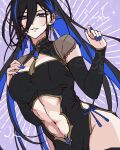  1girl abs ayase_yuu ayase_yuu_(2nd_costume) black_bridal_gauntlets black_dress black_hair blue_bow blue_eyes blue_gem blue_hair blue_nails blue_ribbon bow bridal_gauntlets chinese_clothes cleavage_cutout clothing_cutout colored_inner_hair commentary_request cowboy_shot double-parted_bangs dress ear_piercing earrings emphasis_lines gem gold_trim hand_on_own_chest high_ponytail highres jewelry long_bangs long_hair looking_at_viewer maximum_pamyu multicolored_hair multiple_earrings navel official_alternate_hairstyle parted_lips patterned_background pelvic_curtain phase_connect piercing ponytail print_bridal_gauntlets print_dress purple_background qipao ribbon ribbon_earrings see-through_clothes see-through_sleeves short_dress short_sleeves side_slit sketch smile solo sparkle spiked_ear_piercing stomach_cutout tassel very_long_hair virtual_youtuber 